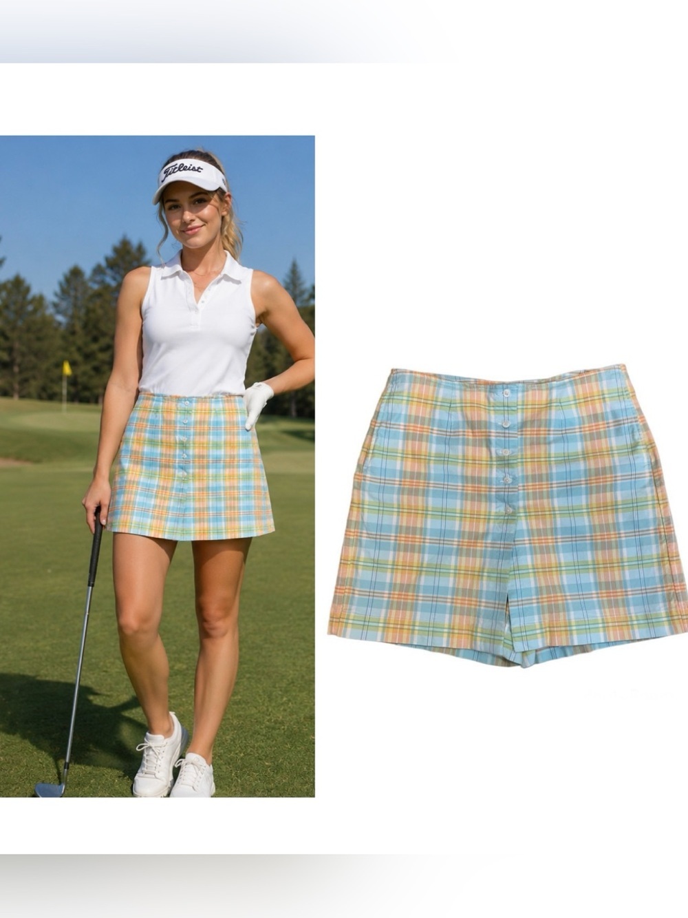 Liz Golf Plaid check Skort Skirt Shorts Pastel Golfcore Blue Orange Size 12